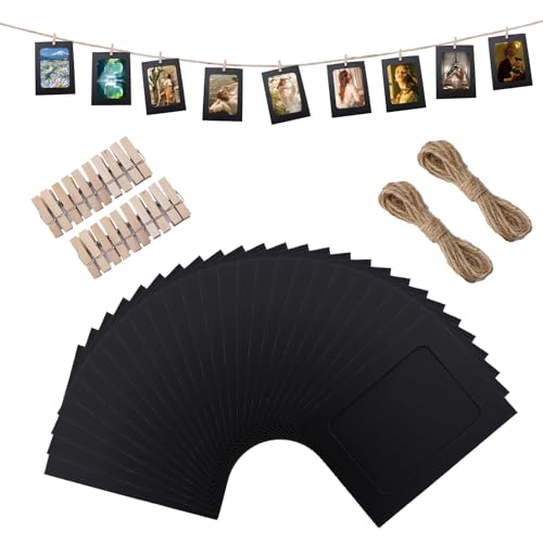 Avxzbef Paper Picture Frames 4x6,50 Pcs Black Paper Photo Frames, Collage Wall Decor DIY Cardboard with 50 Wood Clips and 5 Strings,DIY Clip Photo Display Holders for Home, Office Decor