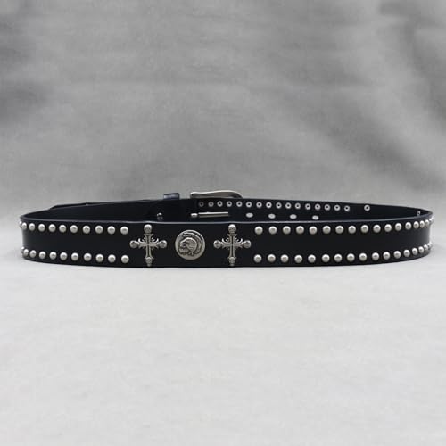 Unisex Punk Rock Studded Belt - Handcrafted Leather Strap With Cross Skull Head Rivets & Buckle3