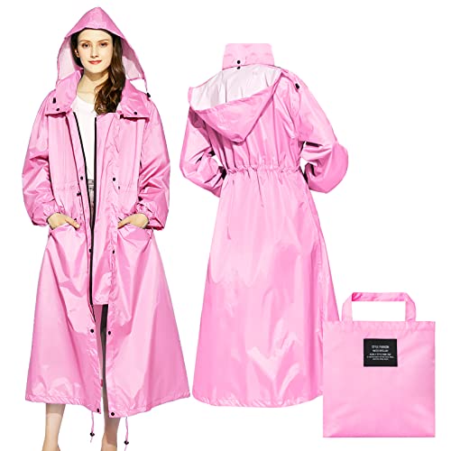 LAMA Womens Long Raincoats Rain Jacket Waterproof Packable Outdoor Hooded Windbreaker Lightweight Adjustable Waist for Outdoors(Pink,L)