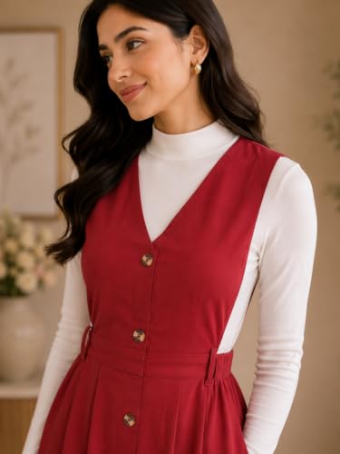 Image of WineRed Women Soild Pinafore Dress with Button