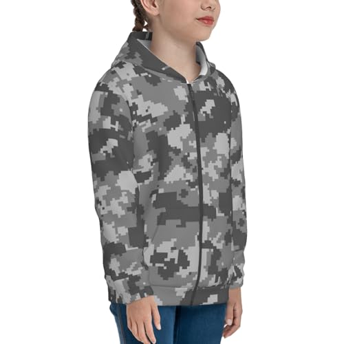 Gray Camo Pattern Kids Pullover Hoodies Boys Zip Up Sweatshirts Girls Athletic Clothes with Pocket4