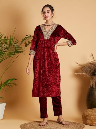 Image of Women's Velvet Floral Embroidered Straight Kurta | Round Neck Three-Quarter Sleeve Calf Length Kurti with Thread Work