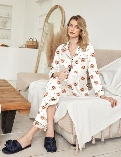 Image of Ekouaer Women Satin Pajamas Set Classic Button Down Long Pjs Set