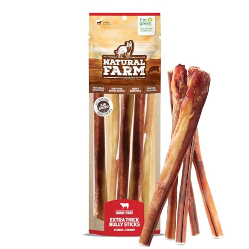 Natural Farm Odor Free Jumbo Bully Sticks (12 Inch, 5 Pack), Extra-Thick Chews for Dogs, Fully Digestible 100% Beef Treats, Supports Dental Health, Keep Your Dog Busy with 50% Longer Lasting Chews…