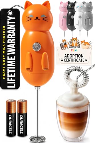 Image of Zulay Kitchen Cat Milk Frother Wand - Cutesy Frother, Meet Your New Frothing Buddy Tiger The Cat, Adoption Papers and Stickers Included, Purrr-fect for Lattes, Cappuccino & Matcha - Orange