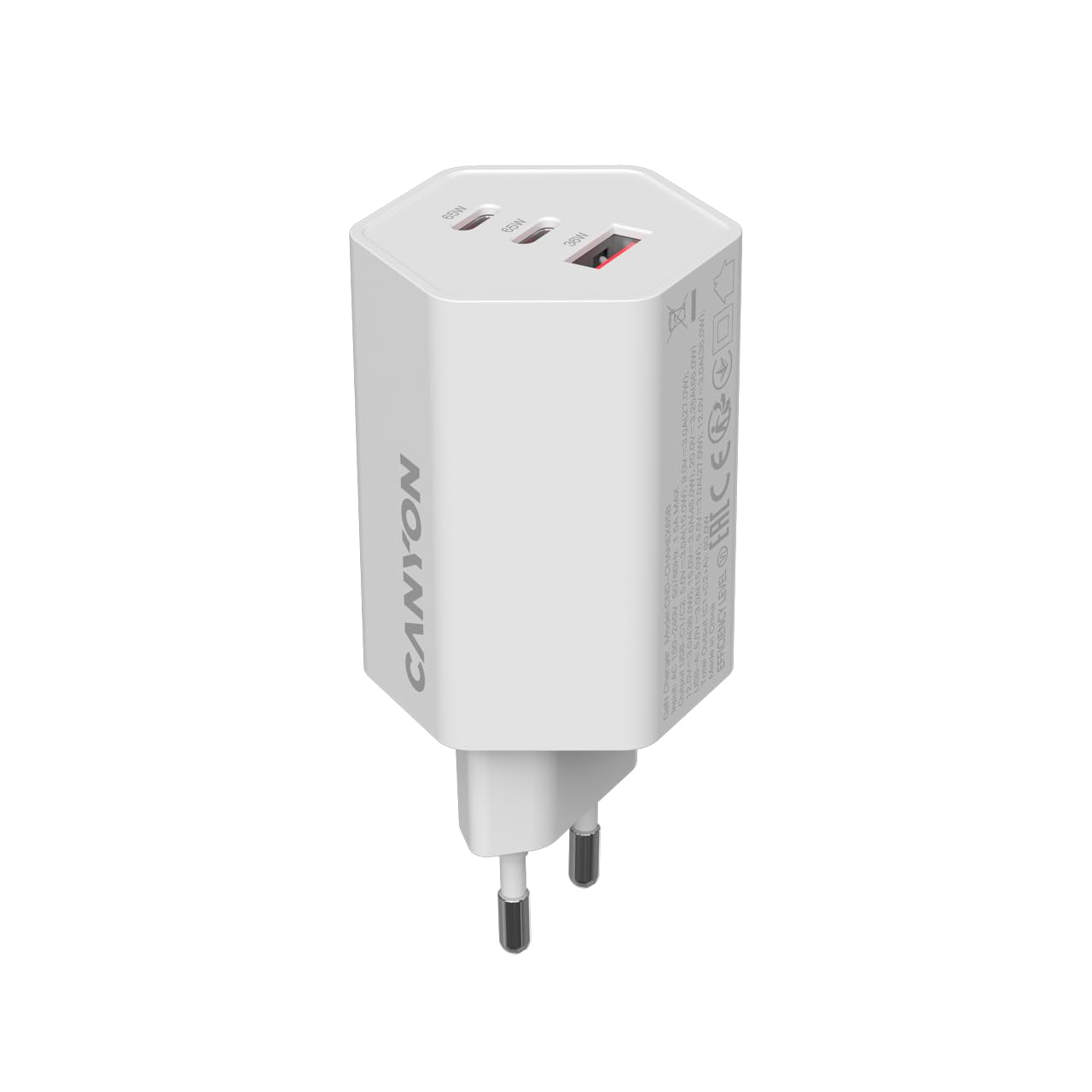CANYON HEXAGON 65 GaN 65 W Wall Charger, 2 porty USB-C PD i port USB-A QC, 3 porty Fast Charging EU Power Adapter, biała