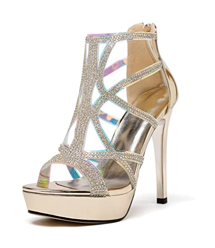 SAMMITOP Women's High Heel Sandals with Rinestones, Sexy Gladiator Platform Sandals, Open Toe Strappy Pumps shoes for Party Event Night Dress