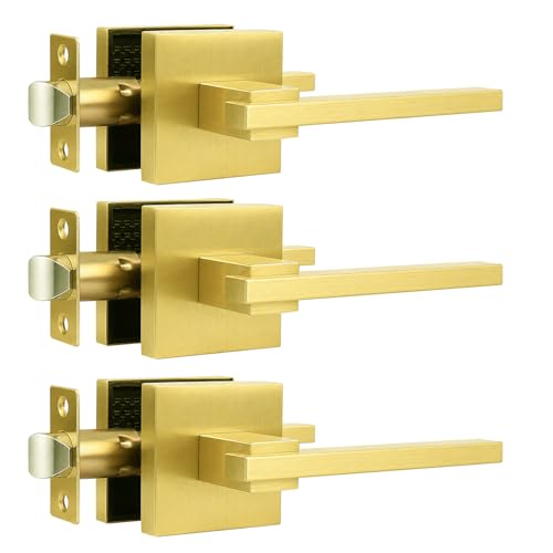 Image of Orger 3 Pack Gold Square Passage Door Handle, Non-Locking Door Lock, Door Lever for Closet and Hallway