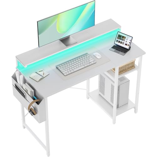 SOLAVERO LED Escritorio 100 x 48 cm, Mesa Escritorio Pequeña con Soporte de Monitor, Mesa Ordenador con Bolsa de Almacenaje, Estante Ajustables, para Oficina en Casa, Estudio y Juegos, Blanco