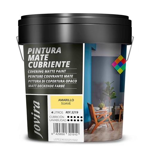 JOVIRA PINTURAS Pintura Mate Cubriente | Colores | Pintura interior-exterior con excelente poder cubriente. (4 Litros, Amarillo Suave)-T
