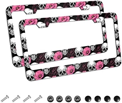 2Pack Sugar Skull and Flower Car License Plate Frames, Aluminum Car Covers Frame with Screws Caps