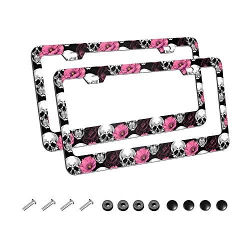 2Pack Sugar Skull And Flower Car License Plate Frames, Aluminum Car Covers Frame With Screws Caps #TOP2