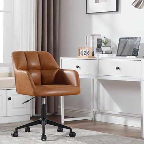 RIVOVA Modern PU Leather Office Desk Chair with Armrest, Height Adjustable Wide Seat Computer Task Chair for Home Office, Mid Back Accent Chair, Brown Cover