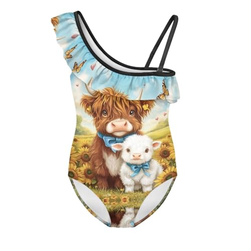 Cartoon Cat Swimsuits for Girls One Piece Bathing Suit Quick Dry Ruffle Swimwear for Beach Pool Holiday