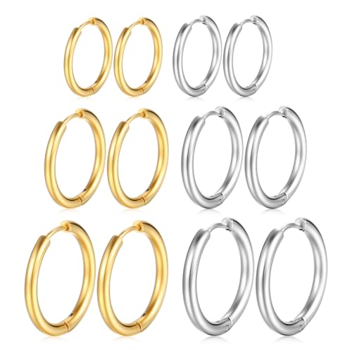 VONJUMA 6 Pares Pendientes Aro Hombre Pendientes De Aro De Acero Inoxidable Anillos De Labios Y Nariz Cartílago Pequeños Para Hombre Y Mujer 10/12/14Mm Oro Plata