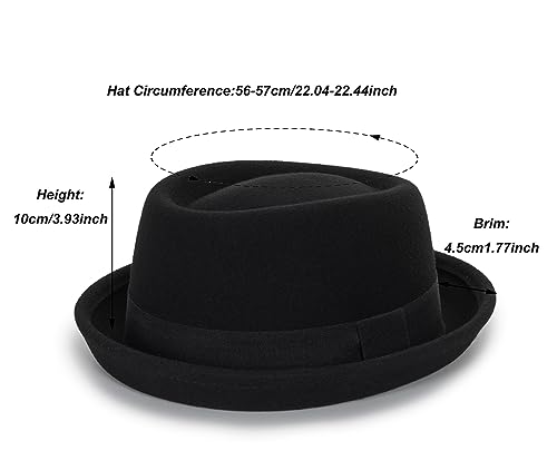 Image of Mens Flat Top Porkpie Hat Bowler Hats - Black Wool Hat with Band(S-M)