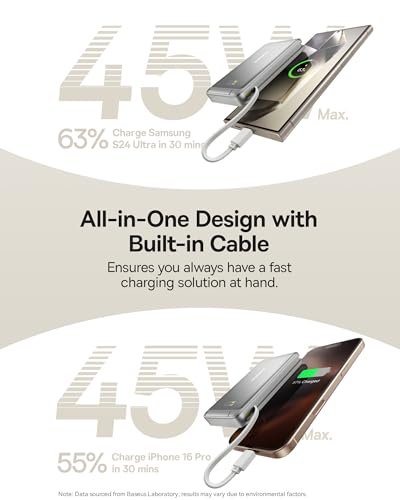 Image of Baseus Nomos Qi2 10000mAh 45W Magnetic Wireless Power Bank - Built-in USB-C Cable, PD Fast Charging, Kickstand Design - Lunar Gray