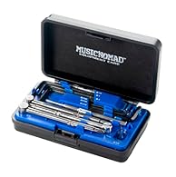 6 Allen key sizes: 5/32", 9/64", 1/8", 3/16", 4mm, 5mm with laser etched sizes marked in each handle. 3 socket sizes: 1/4", 5/16", 7mm and each with a magnetized PH #1 screwdriver for truss rod covers. Specially designed spoke wheel tool. 3/8 inch fl...