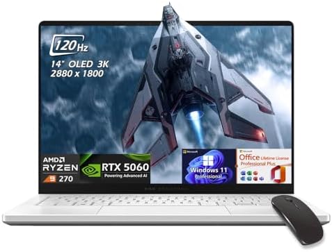 ASUS ROG Zephyrus G14 14" OLED 3K 120Hz 500nits AI Gaming Laptop, AMD Ryzen 9 270, RTX 5060 8GB, Win11Pro Office Lifetime License, 64GB LPDDR5X RAM 2TB SSD, WiFi7, Backlit KB, White, w/Mouse, W/GaLiMu image 2