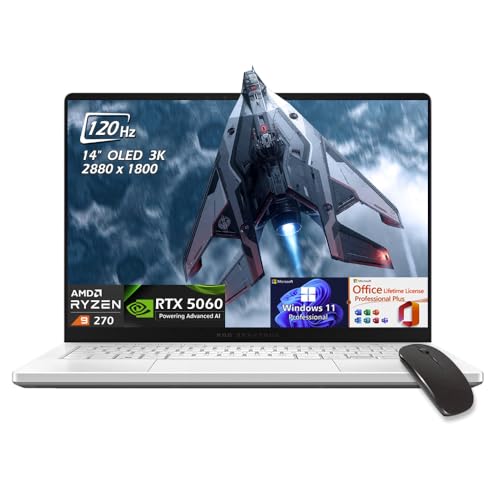 ASUS ROG Zephyrus G14 14 OLED 3K 120Hz 500nits AI Gaming Laptop AMD Ryzen 9 270 RTX 5060 8GB Win11Pro Office Lifetime License 16GB LPDDR5X RAM 1TB SSD WiFi7 Backlit KB White w/Mouse W/GaLiMu