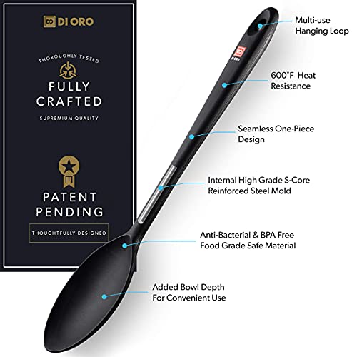 Di Oro Cooking Spoon - Solid Silicone Spoon 600°F High Heat Nonstick Cookware Safe - Kitchen Spoon For Cooking & Baking - Large Serving Spoon Utensil For Mixing & Stirring - Dishwasher Safe (Black) #TOP1