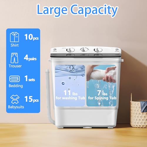 Image of DOGHLY Portable Washing Machine, 18lbs Twin Tub (11+7lbs Washer /Spinner) with 10 Hangers and Drying Rack, for Powerful Stain Removal, Semi-Automatic Compact Washer for Dorms, Apartments, RVs(Black)