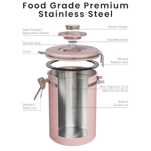 Image of Veken Coffee Canister with Window, Airtight Stainless Steel Container, 22OZ | Date Tracker,Kitchen Food Storage Organizers for Beans, Ground, Espresso, Rice,Tea, Sugar,Cereal, Gifts,Lids,Jars,Scoop, Pink