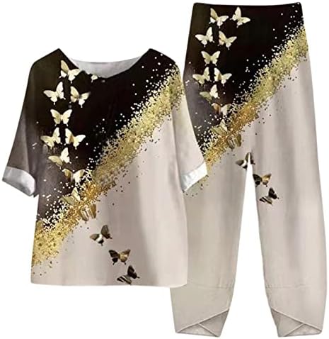 MFJESEAA Prom Suits for Women Plus Size Pant Suits Dressy Ladies Linen Sets for Women 2 Piece Five Sleeve Printed Blouse Shirt and Loose Pants Two Piece Suits