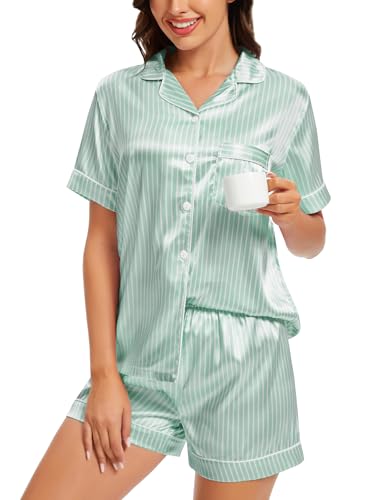 Image of SWOMOG Womens Silk Satin Pajamas Set Short Sleeve Sleepwear Button Down Top and Shorts Loungewear 2 Piece Pjs Set XS-3XL