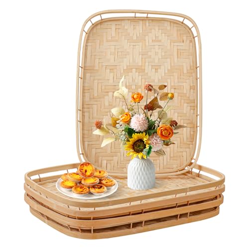 Geytetqi 4 Pack Rectangular Bamboo Wicker Woven Tray with Handle Bamboo Wicker Serving Trays for Eating Kitchen Table Party
