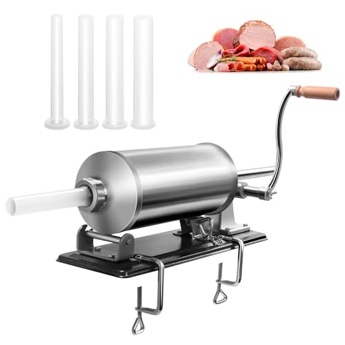 GYMAX Insaccatrice Manuale, Produzione di Salsicce, Macchina per Salsiccia in Acciaio Inossidabile, con Tubi di Riempimento di Diversi Diametri, Morsetto da Tavolo (Orizzontale, 4 kg)