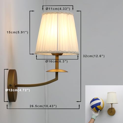 Image of Yosoan Brass Gold Retro Boho Beige-White Gauze Fabric Shade Wall Sconce Set of 2, Vintage Vanity Antique Indoor Hardwired Champagne Bronze Flared Fabric Shade for Bedroom Hallway Living Room