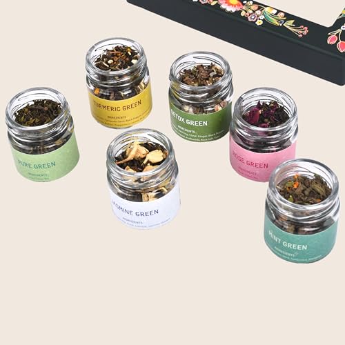 Image of OH CHA - Green Tea Gift Box | Assorted Tea Gift Set with 6 Exquisite Flavors | Whole Green Tea Leaves | Festive Box, Teas Gift Hamper | Wedding Gift | Festive Celebrations Gift | 6 Wellness Teas for everyday | Diwali Gift for Clients, Employees
