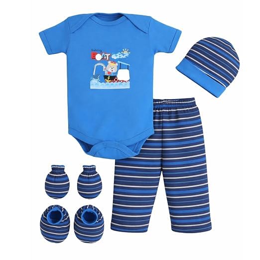 Image of EIO Newborn Baby Cotton Romper Set - Onesie Bodysuit, Cap, Pants & Booties with Mittens | Unisex Baby Clothing Combo for Boys & Girls