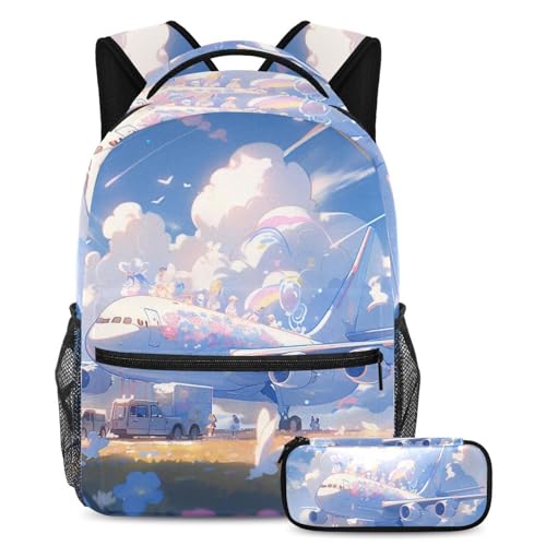 Cartable avion bleu de grande capacité avec trousse pour adolescents et enfants