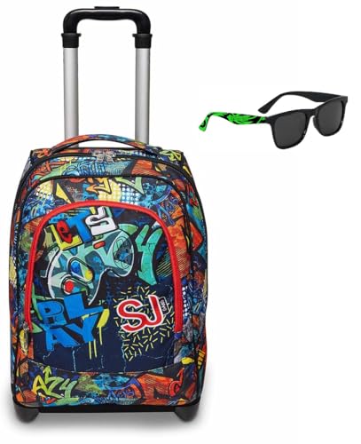 SJ Gang Big Trolley Scuola, Nero Fantasia Multicolore, 2 in 1, Doppio Uso, Con Spallacci Uso Zaino, Maxi Capienza, Zaino Scuola + Occhiali da Sole