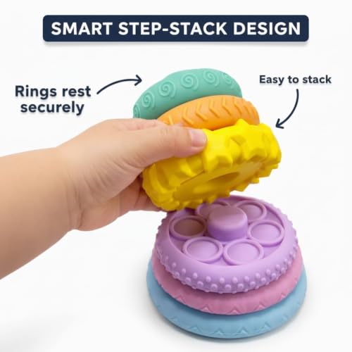 Image of Baby Sensory Toys - Ring Stacker with Animal Topper and 6 Soft Textured Rings for Teething, Stacking & Motor Skill Development, BPA-Free PVC, Multi-Colour, Gift for Babies 3-18 Months