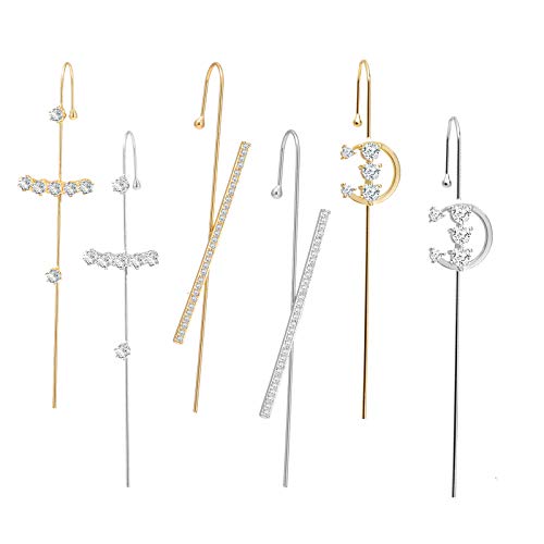 6PCS Ear Cuffs Crawler Hook Earrings for Women Silver Hypoallergenic Piercing Ear Wrap Climbers Earrings Simple Pearl Cubic Zirconia Rhinestone Hoop Earrings