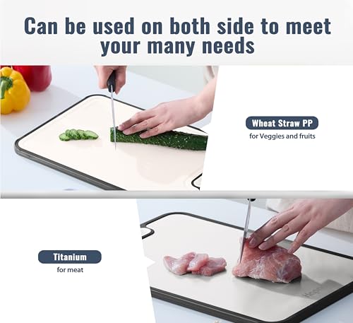Tablas de corte de titanio para cocina, tabla de corte metálica de doble cara, tabla de corte no tóxica, tabla grande de titanio y polipropileno con paja de trigo para carne, fácil de limpiar miniatura 3
