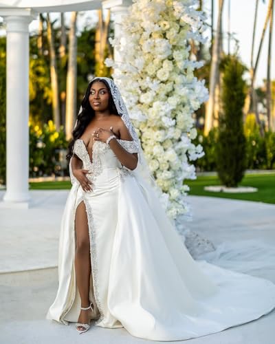 Off Shoulder Wedding Dresses Crystals Beaded Bridal Dress with Slit Sweetheart Satin Bride Wedding Gown4