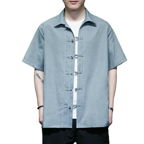 Chemise d'été style chinois ample manches courtes coton Oxford vintage homme
