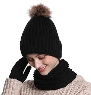 Women Winter Hat Scarf and Gloves Set Ladies Knitted Beanie Hat Warm Scarf Touch Screen Gloves Set Thermal Fleece Bobble Hats Pom Pom Hat