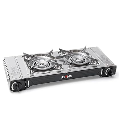Rsonic 2-flammiger PREMIUM Camping Gaskocher mit Kartuschen und Grillplatte, Doppelgaskocher Set mit Gaskartuschen für die Outdoorküche für Camping (Doppelgaskocher mit 4 Kartuschen + Grillplatte) – Bild 5