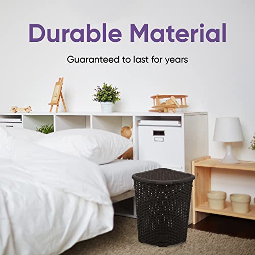 (2 Pack) Corner Laundry Hamper Baskets With Lid 50 Liter - Brown Wicker Hamper, Durable, Lightweight Bin With Cutout Handles - Storage Dirty Cloths Curved Shape Design Fits Bathroom #TOP7