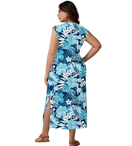 Image of UOUA Women Summer Maxi Dresses Plus Size Casual Hawaiian Sundress Sleeveless Loose Split Beach Dress with Pockets