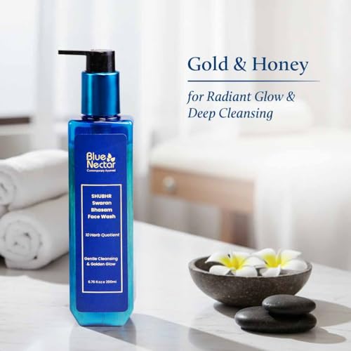 Image of Blue Nectar Gold Swaran Bhasam Face Wash for Glowing Skin | Ayurvedic Gentle Cleanser for Oily & Dry Skin | Daily Face Wash for Women & Men (10 Herbs, 200 ml)
