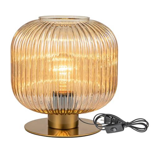 Soutas Mid Century Modern Glass Table Lamp, Vintage Gold Bedside Lamp Bedroom Nightstand Lamp Lantern Design with Amber Ribbed Glass Globe, Small Side Table Lamp Desk Lamp for Living Room Office