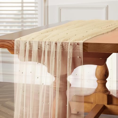 Image of TREELY 2 Pcs Champagne Pearl Table Runner 10 Ft Tulle Fabric Lace Table Runner for Wedding Arch Veil Dessert Birthday Party Bridal Shower Decor 29.5x120 Inches