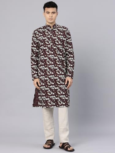 Image of Majestic Man Men's Regular Fit Ethnic Motifs Printed Pure Cotton Long Kurta with Mandarin Collar & Full Sleeves