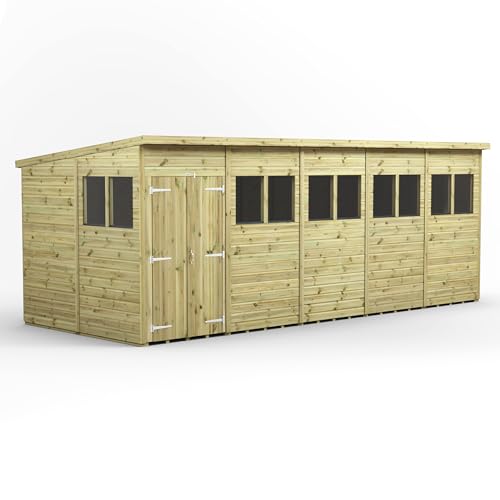 Powersheds High Grade Premium Pressure Treated Pent Double Door Shed Garden Wooden Shed with Heavy Duty Frame, Door & Window Flexibility made from Extra Thick Timber & Toughened Glass (20x8)